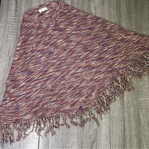 Multicolor Knit Poncho with Fringe